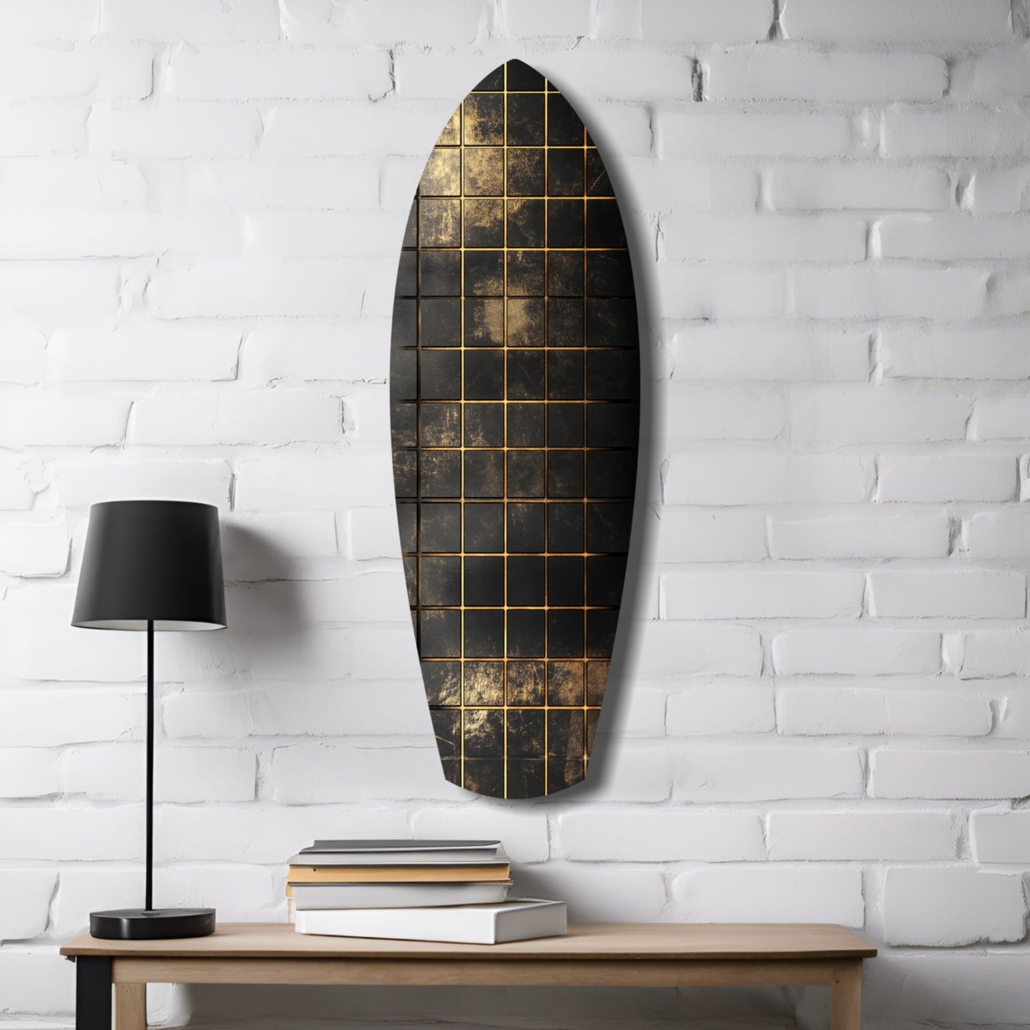 Gold Grid Tiles Black Surfboard Glass Wall Art