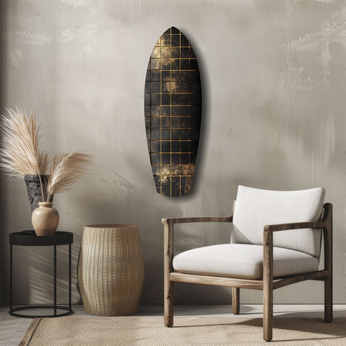 Gold Grid Tiles Black Surfboard Glass Wall Art