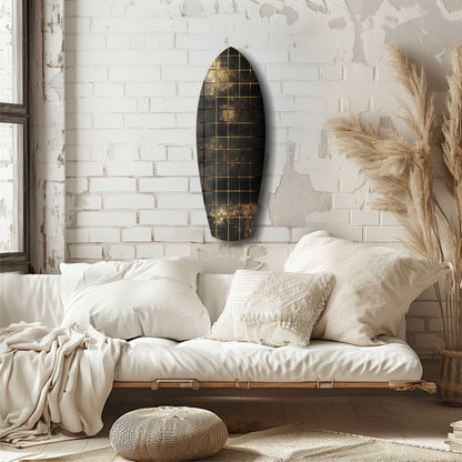 Gold Grid Tiles Black Surfboard Glass Wall Art