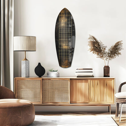 Yellow Line Grid Weathered Surfboard Glass Wall Art