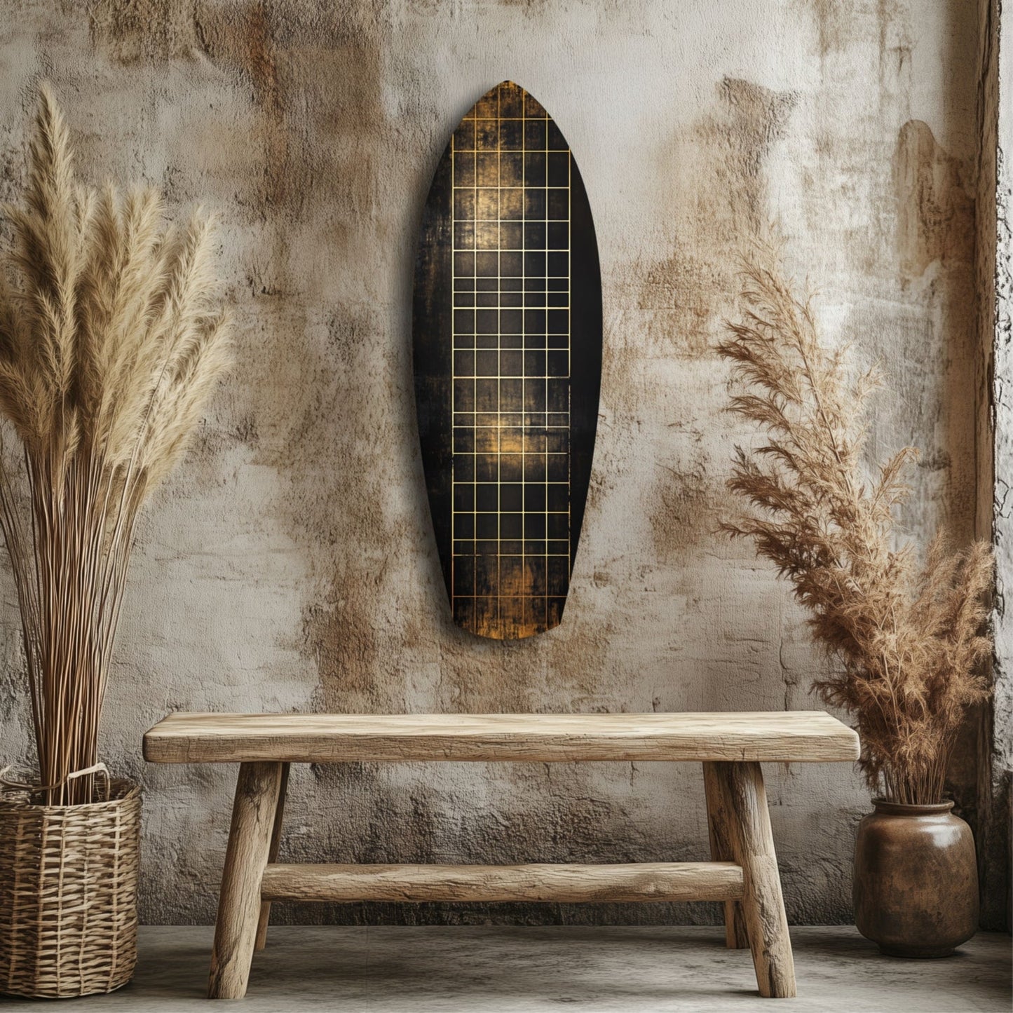 Yellow Line Grid Weathered Surfboard Glass Wall Art