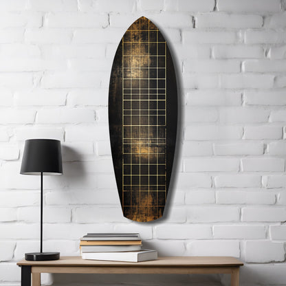 Yellow Line Grid Weathered Surfboard Glass Wall Art