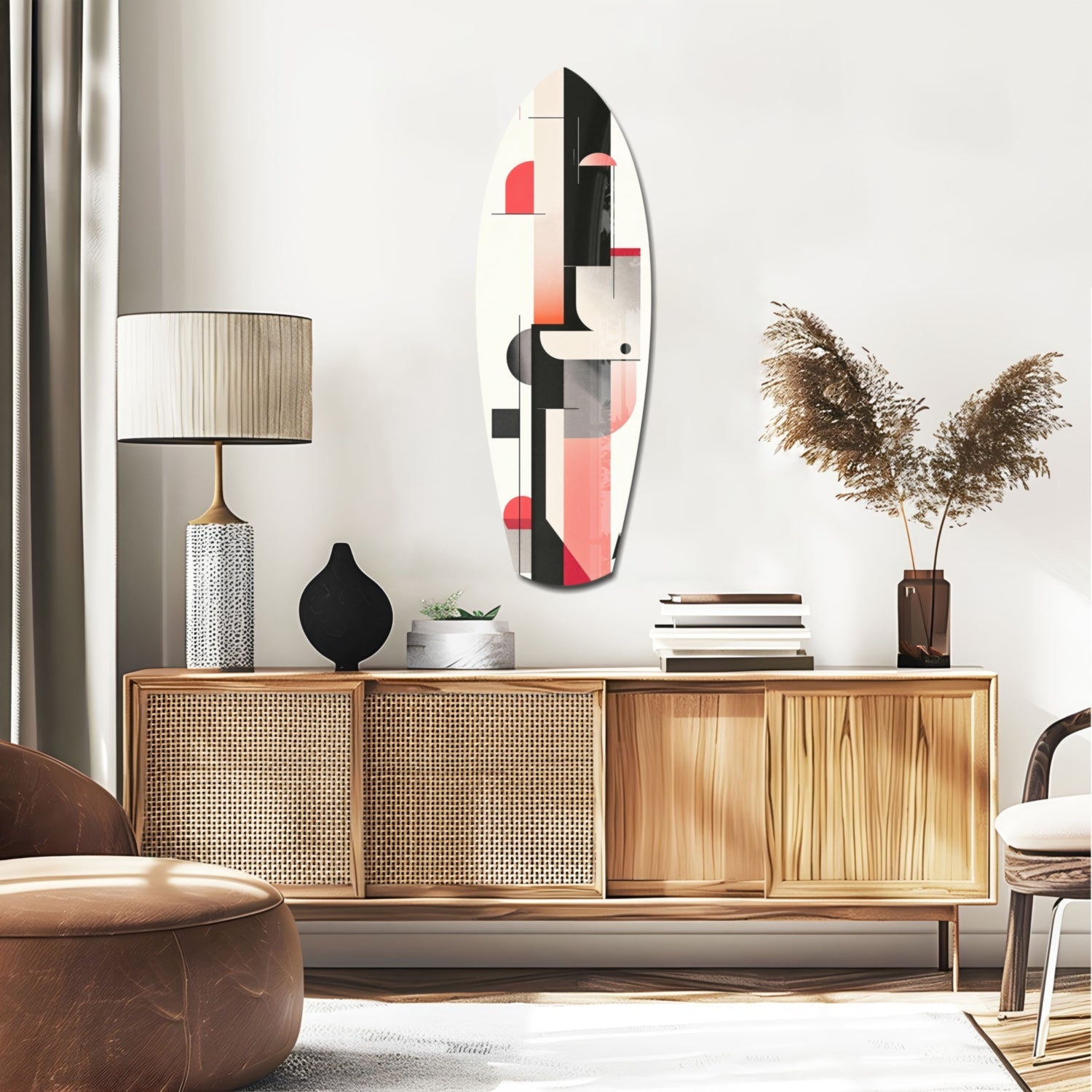 Modern Wave Harmony glass wall art displayed above wooden credenza in contemporary living room with black, red, and white geometric design.