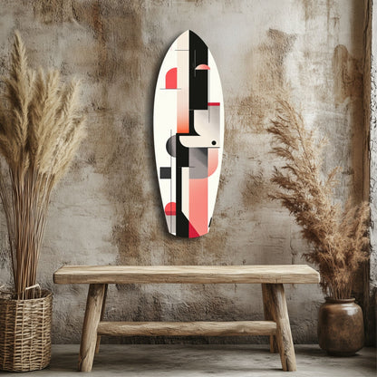 Modern Wave Harmony glass wall art featuring geometric shapes in coral, black, and white, displayed above a wooden bench in a styled interior setting.