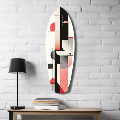 Modern Wave Harmony glass wall art displayed on white brick wall above wooden table with black lamp and stacked books, featuring geometric design in cream, black, red, and coral tones.