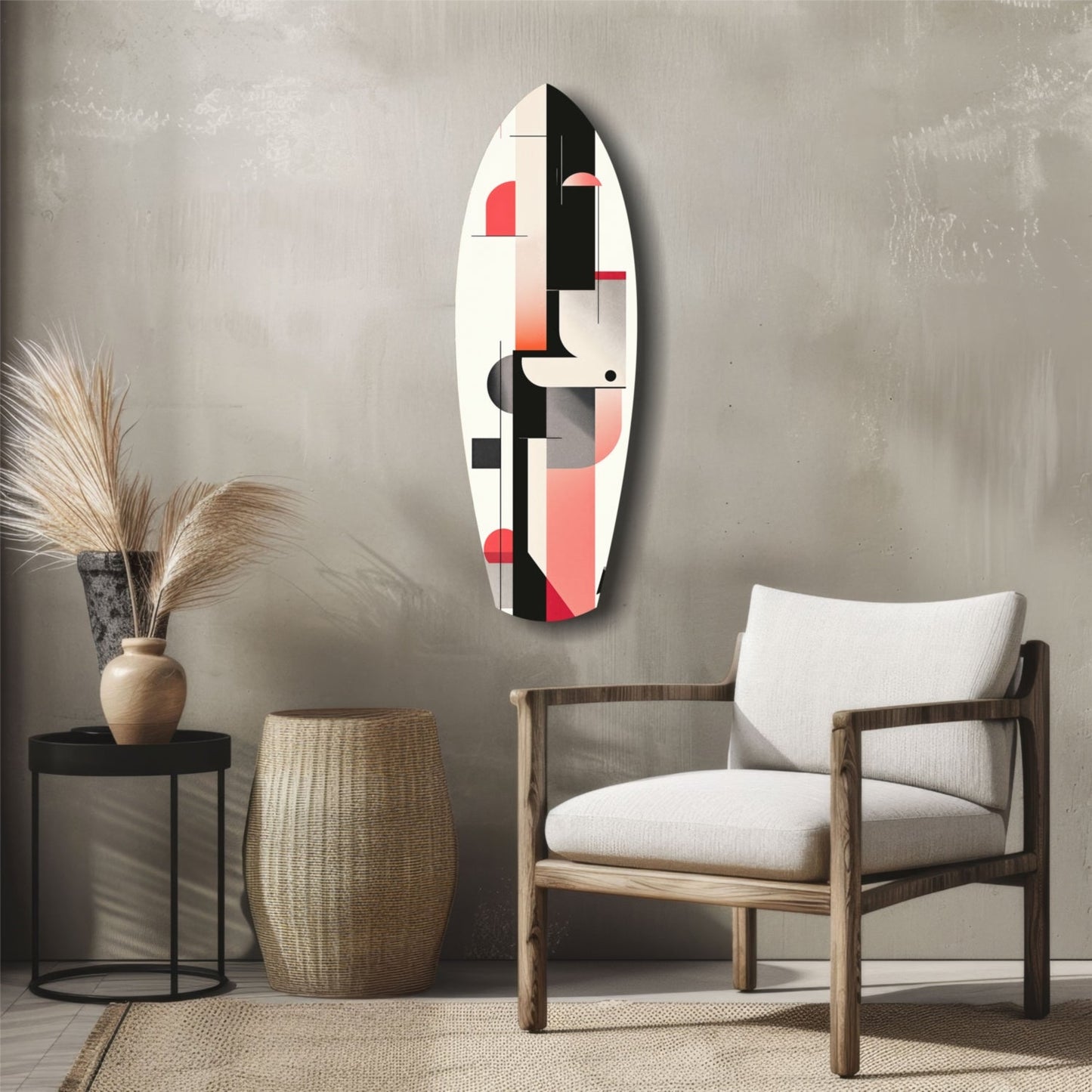 Modern Wave Harmony glass wall art in white, black, and coral red geometric design displayed above wooden chair in contemporary living room setting.