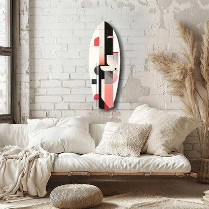 Modern Wave Harmony glass wall art featuring abstract geometric design in black, white, coral, and gray tones displayed above a cream bedroom daybed.