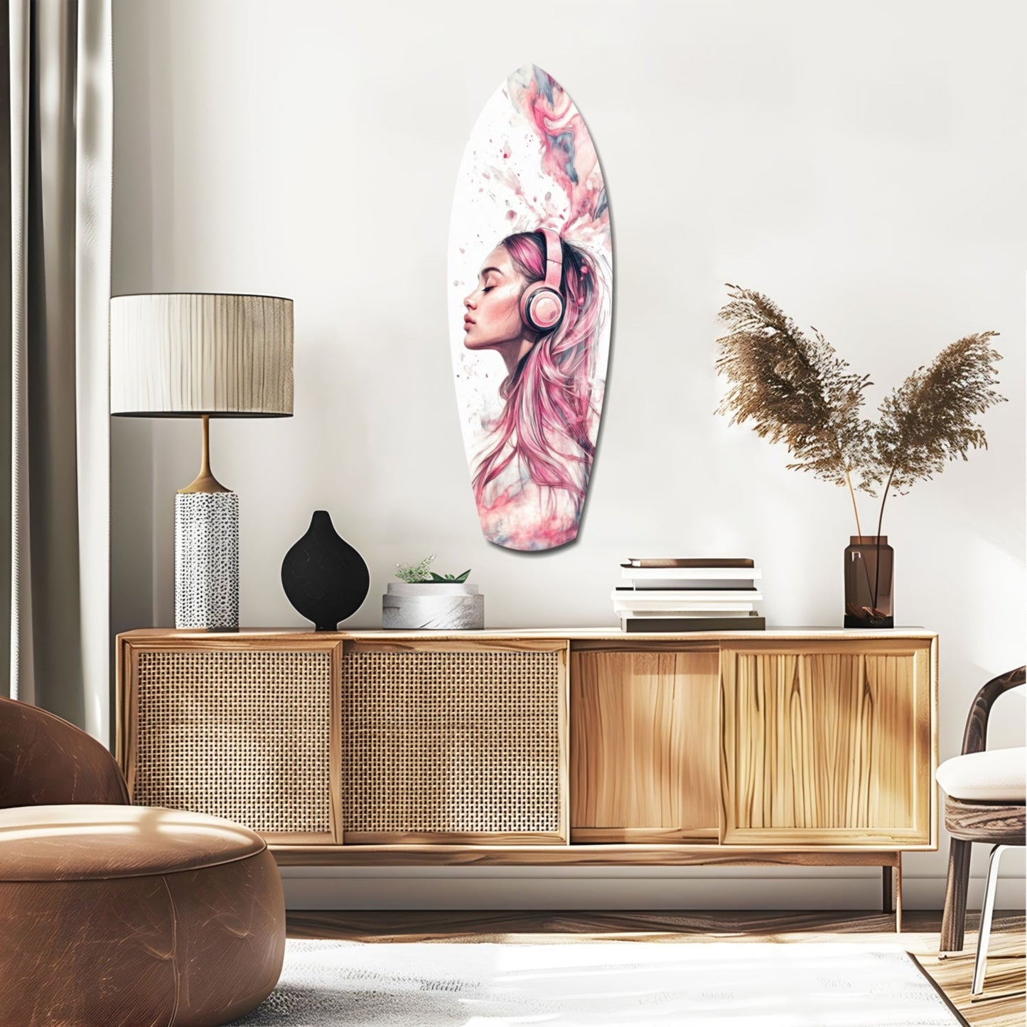 Oval glass wall art featuring a pink-haired woman wearing headphones displayed above a wooden mid-century credenza in a modern living room.
