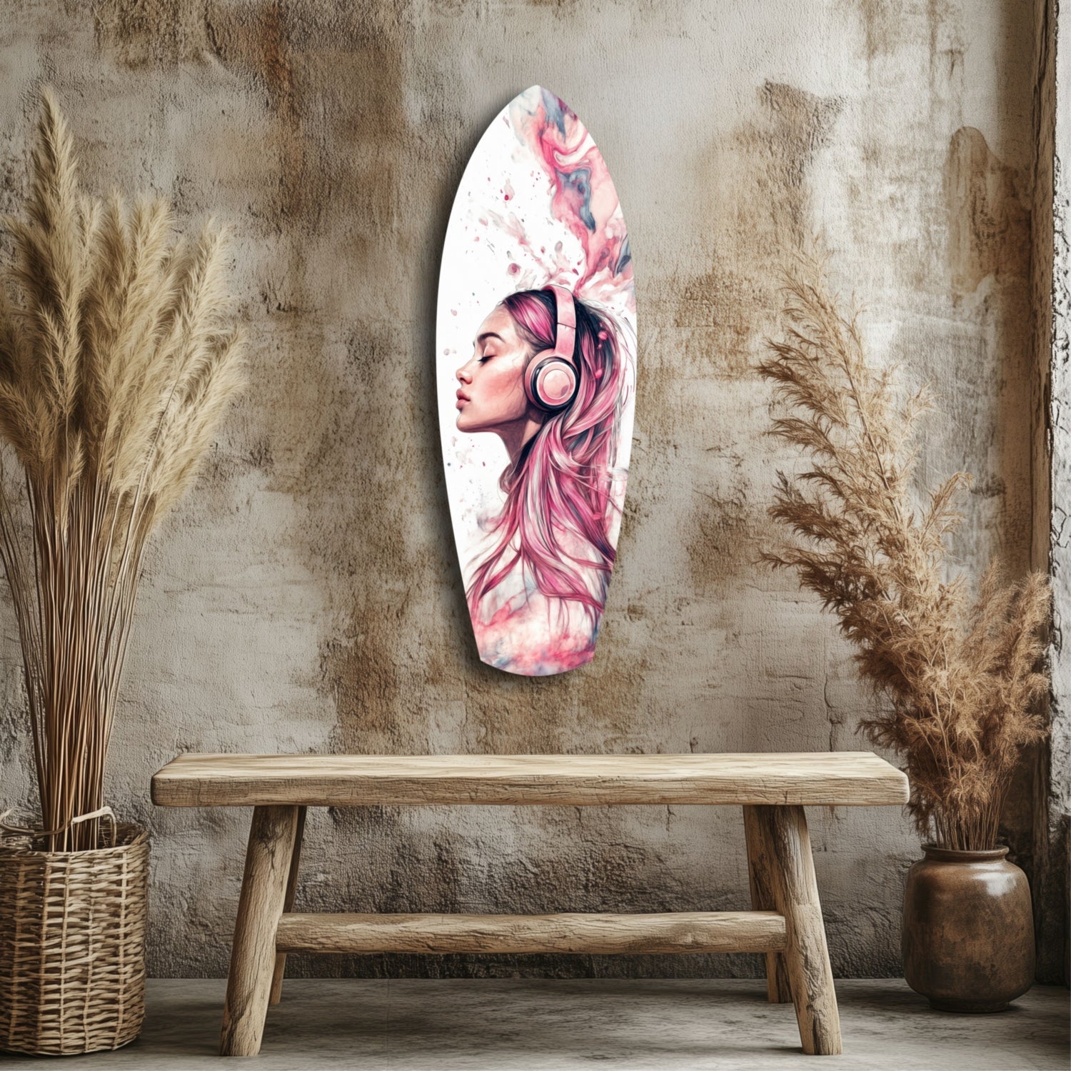 Elongated oval glass wall art featuring a pink-haired woman with headphones in profile, displayed above a wooden bench flanked by dried grasses.