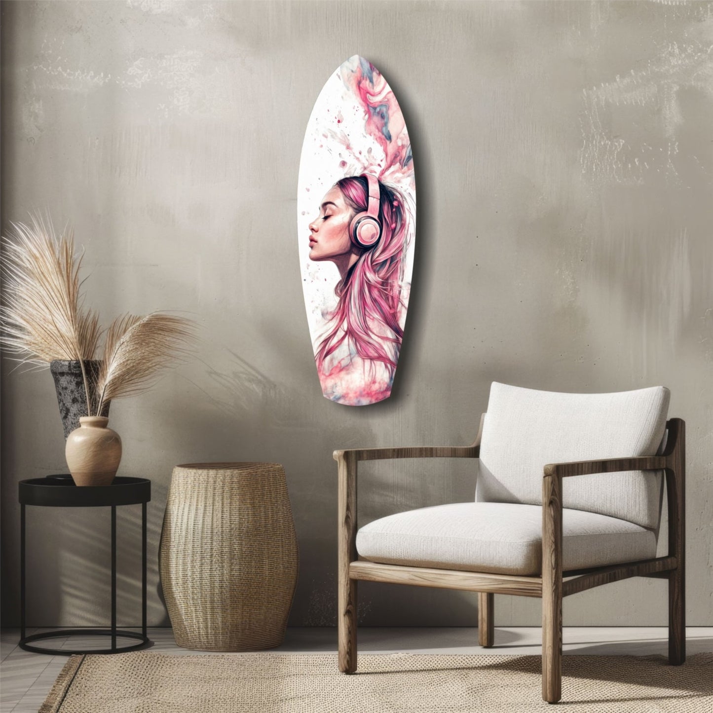 Oval glass wall art displaying pink-haired woman with headphones in watercolor style, mounted above mid-century modern furniture in neutral room.