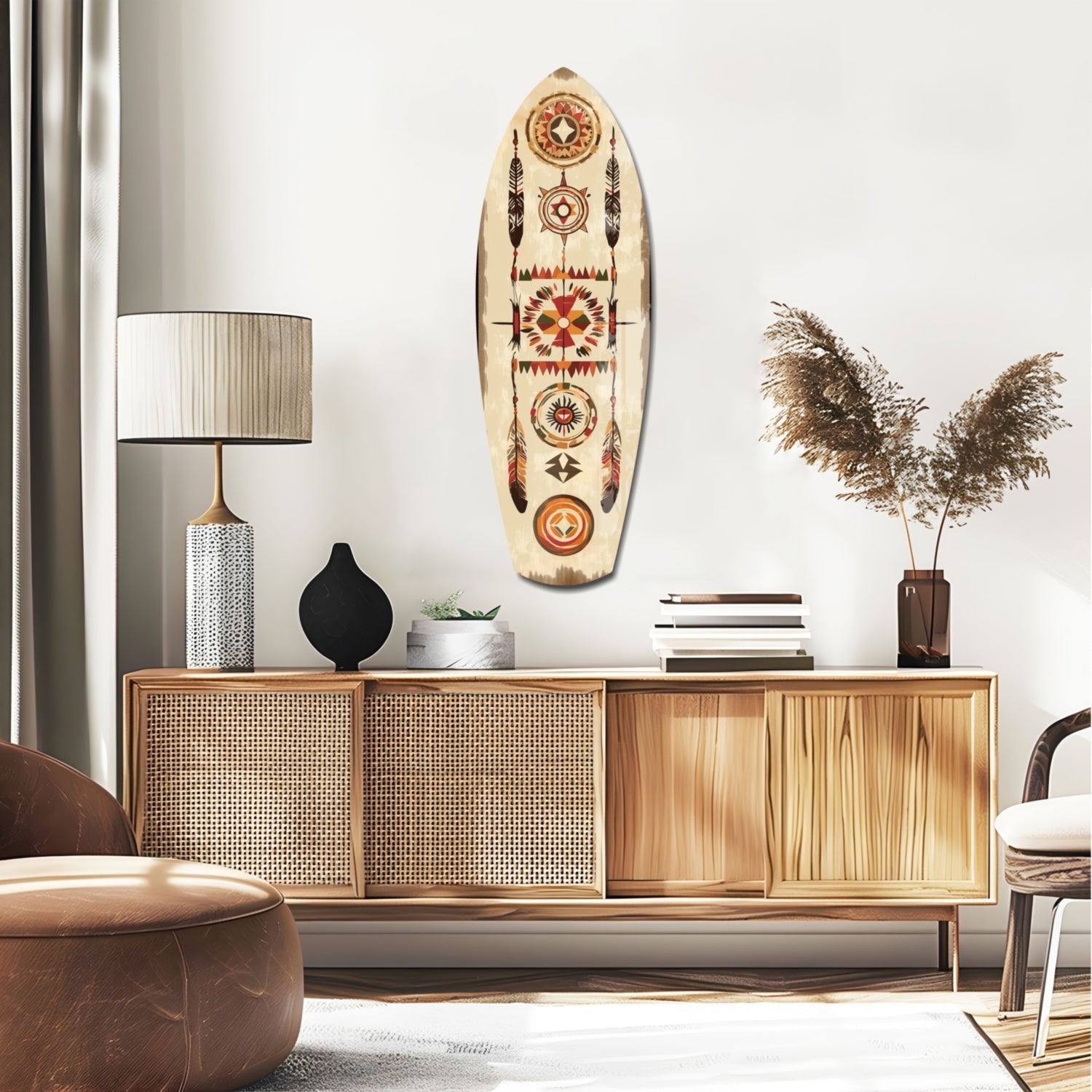 Cream-colored surfboard-shaped wall art with geometric Native American patterns in red, orange, and brown displayed above a wooden credenza in a modern living room.