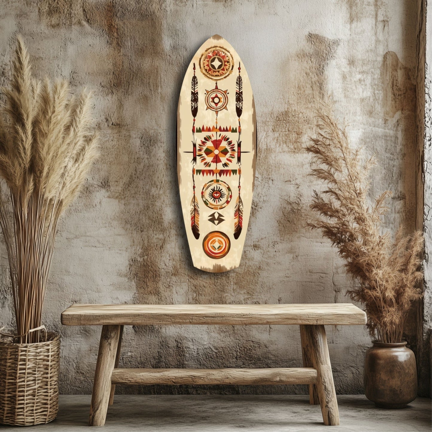 Aztec Patterns wooden wall art with red, orange, and brown geometric designs displayed above a wooden bench in a rustic interior setting.