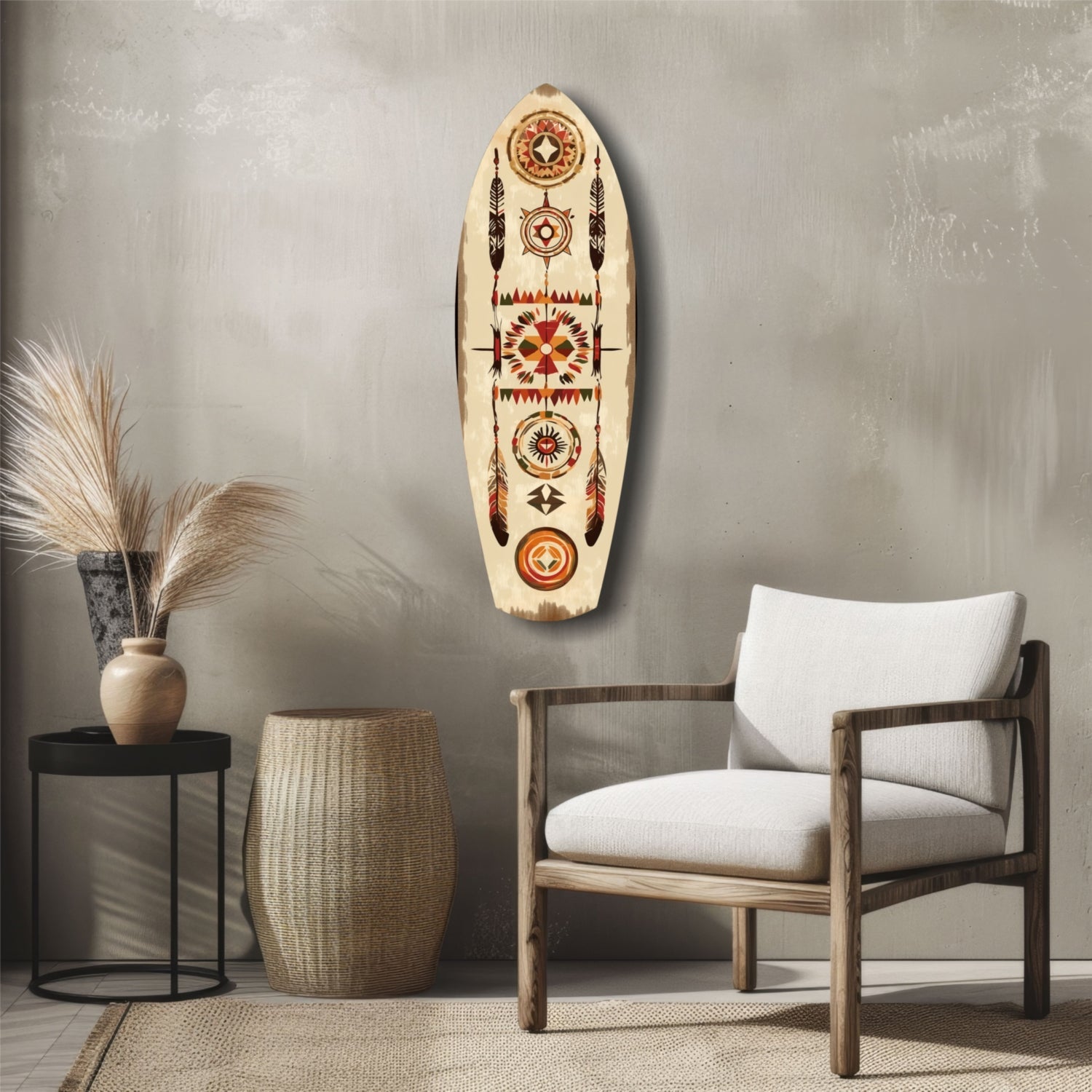 Wooden surfboard-shaped wall art with red and orange geometric tribal patterns displayed above a wooden chair in a neutral interior setting.