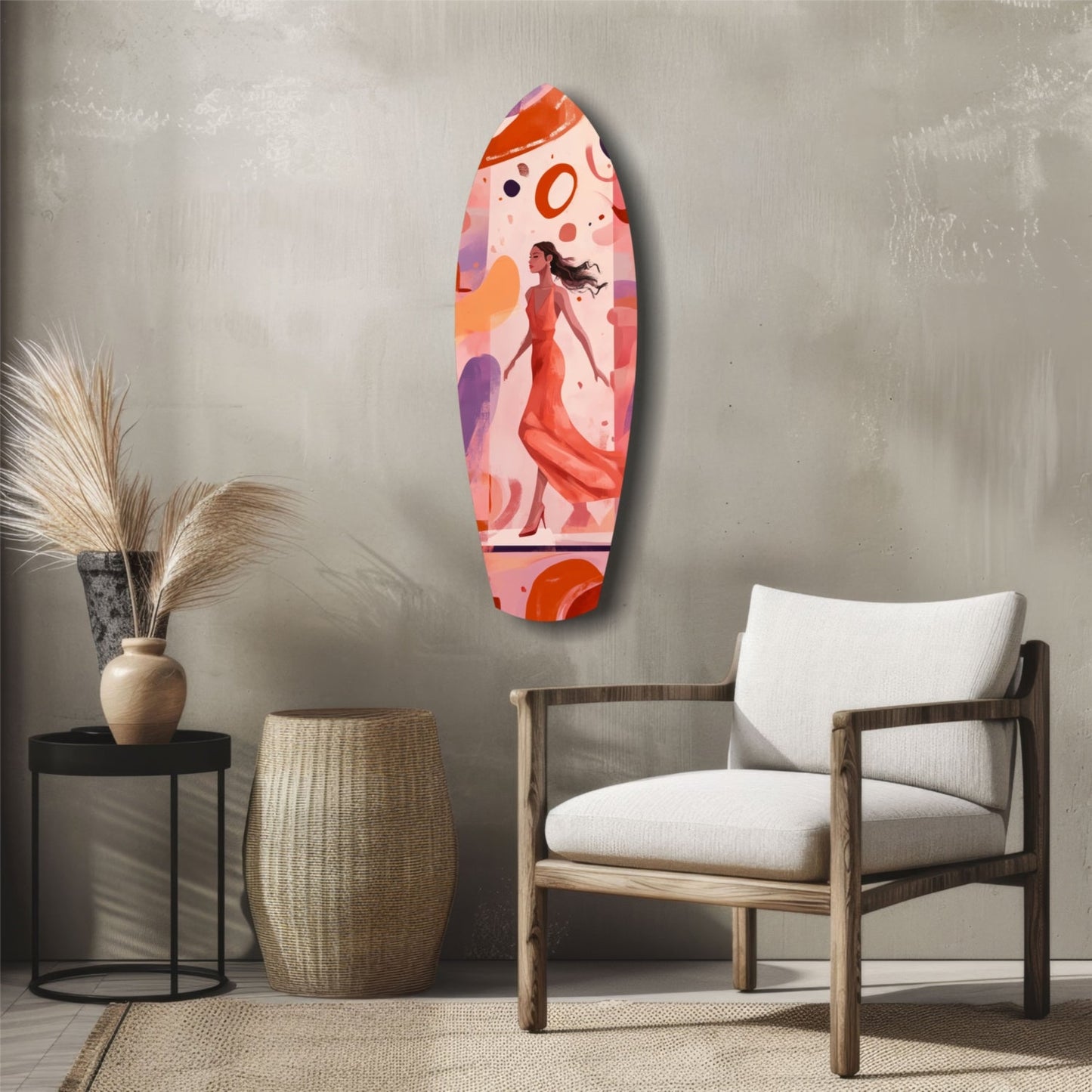 Colorful glass wall art featuring a woman in a red dress among abstract orange and purple shapes, displayed above a wooden chair in a modern interior.