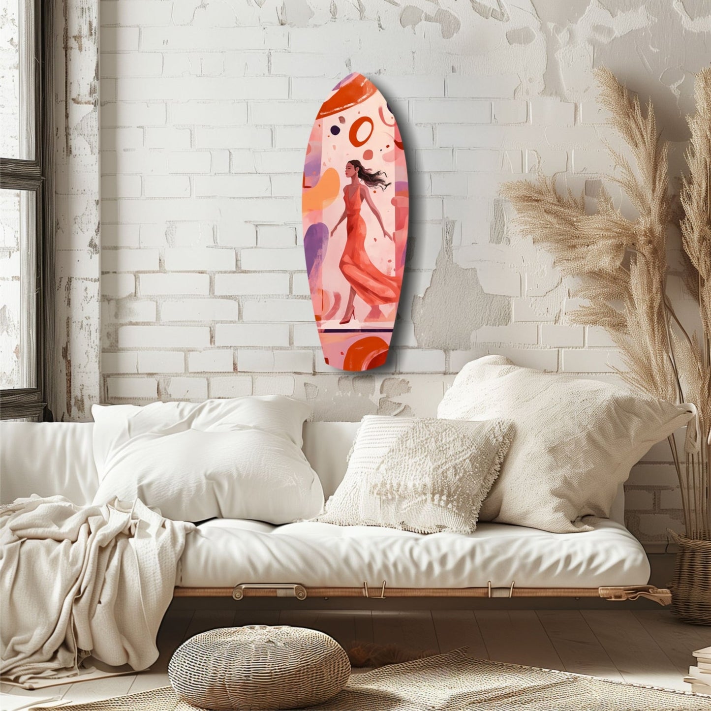Dance Flow Glass Wall Art in coral and orange tones displayed on white brick wall above cream bedding.