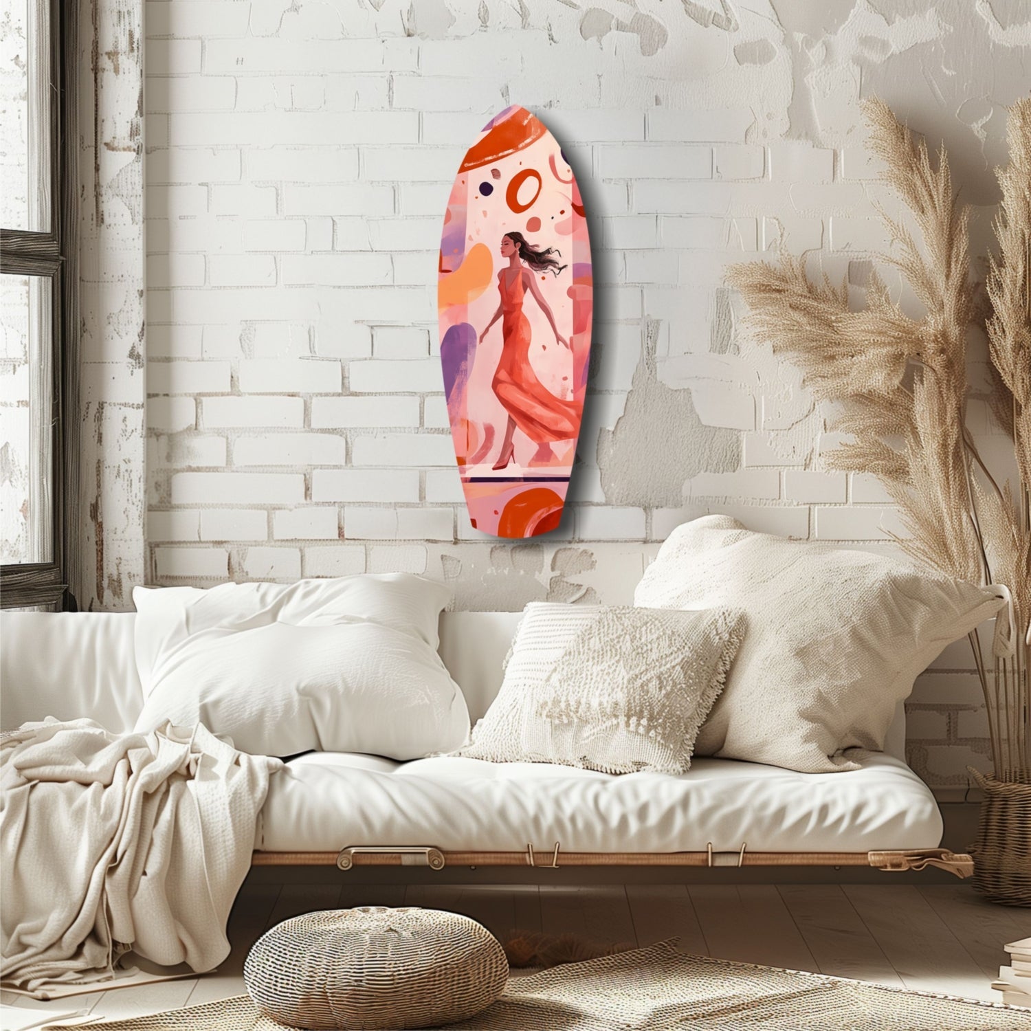 Dance Flow Glass Wall Art in coral and orange tones displayed on white brick wall above cream bedding.