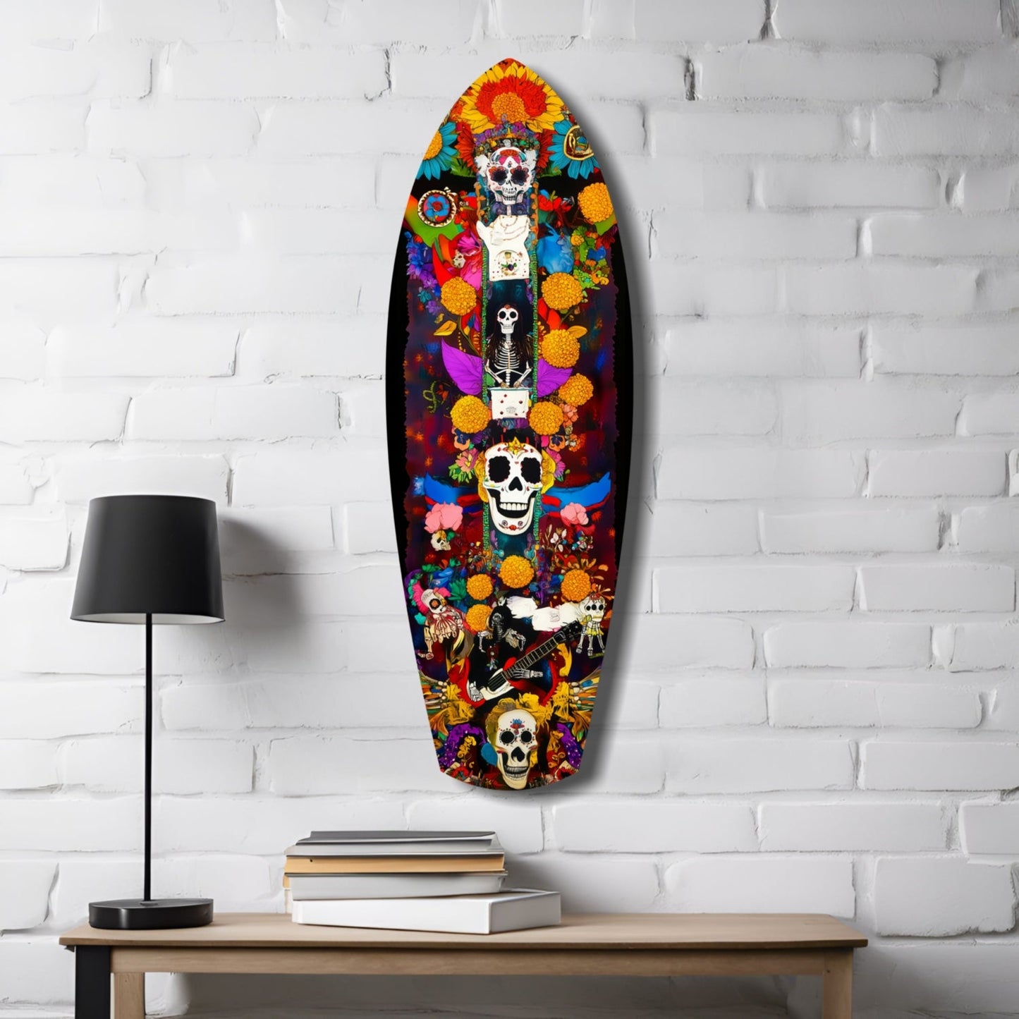 Floral Skull Totem With Guitar Glass Wall Art