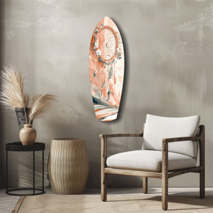 Peach Rose Dreamcatcher Surfboard Glass Wall Art