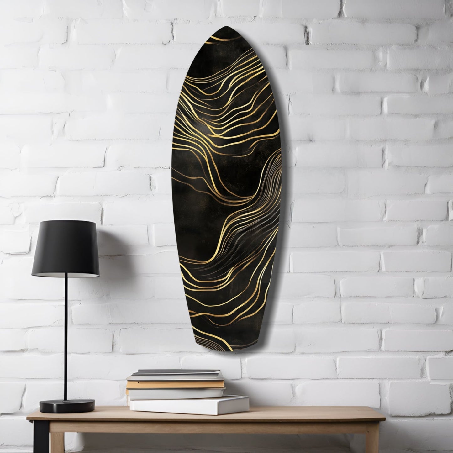 Surfboard Shaped Flowing Line Golden Waves Glass Wall Art