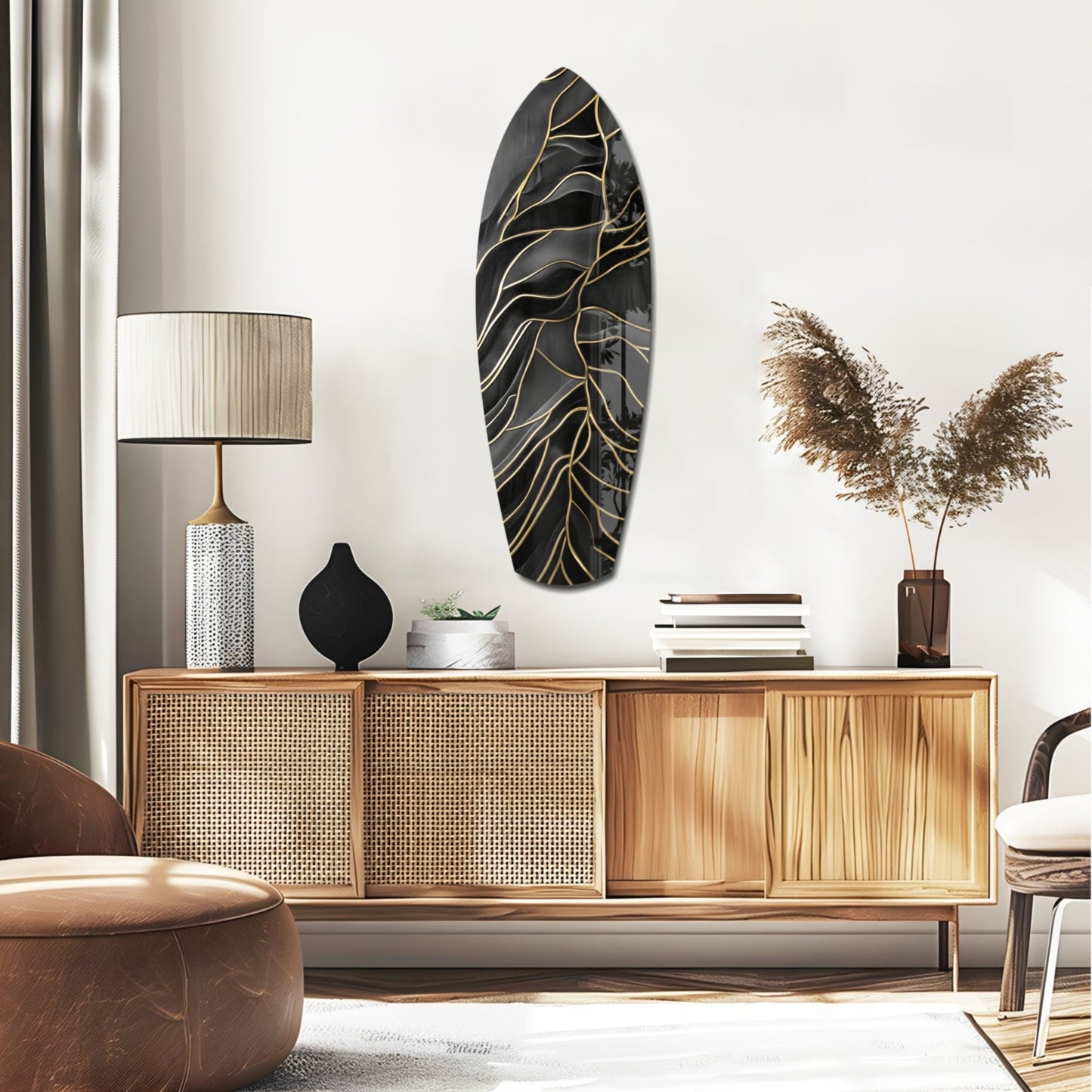 Surfboard Shaped Leaf Vein Golden Waves Glass Wall Art