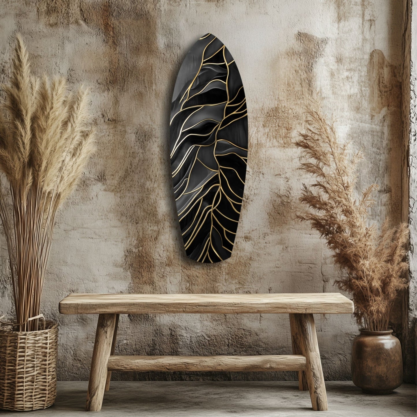 Surfboard Shaped Leaf Vein Golden Waves Glass Wall Art