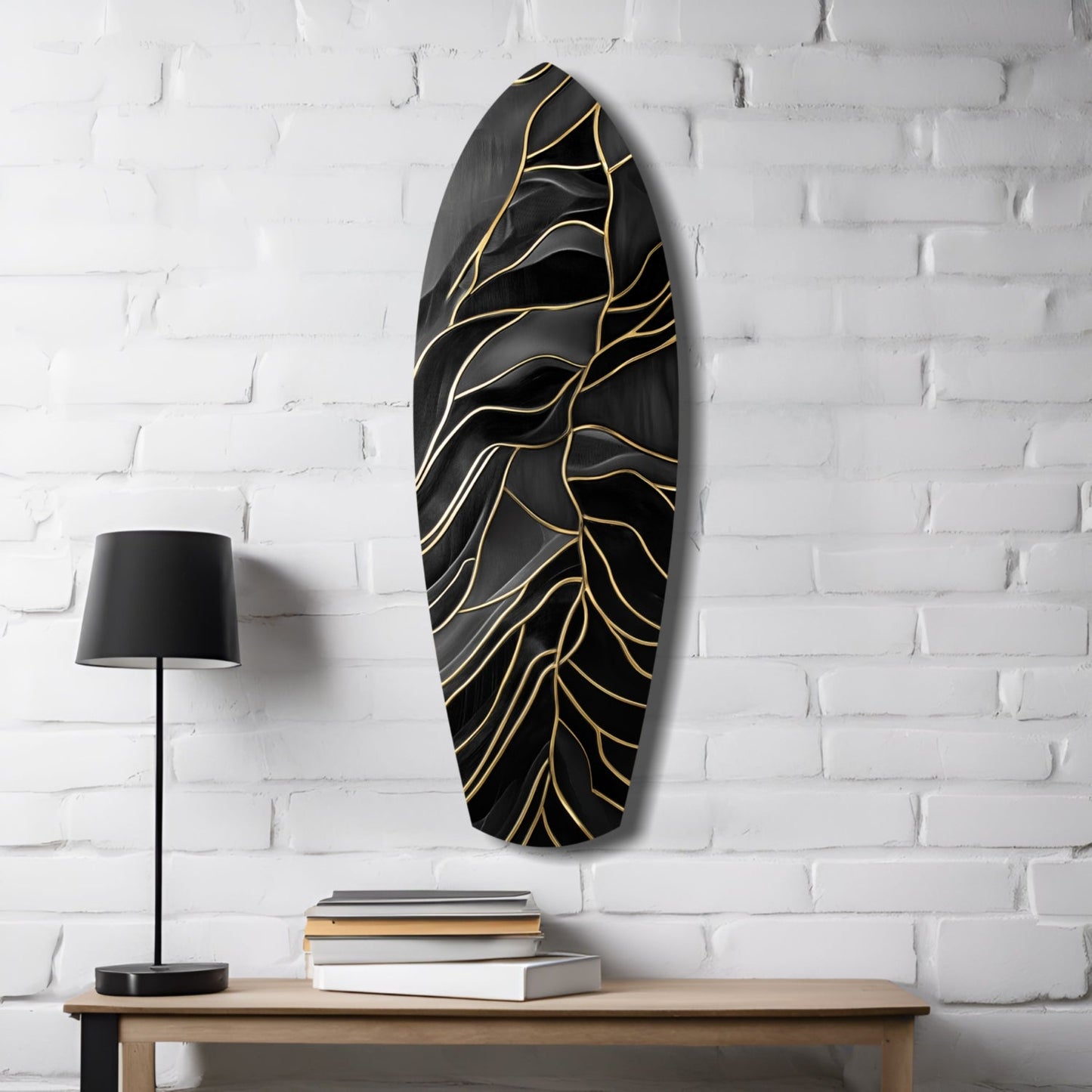 Surfboard Shaped Leaf Vein Golden Waves Glass Wall Art
