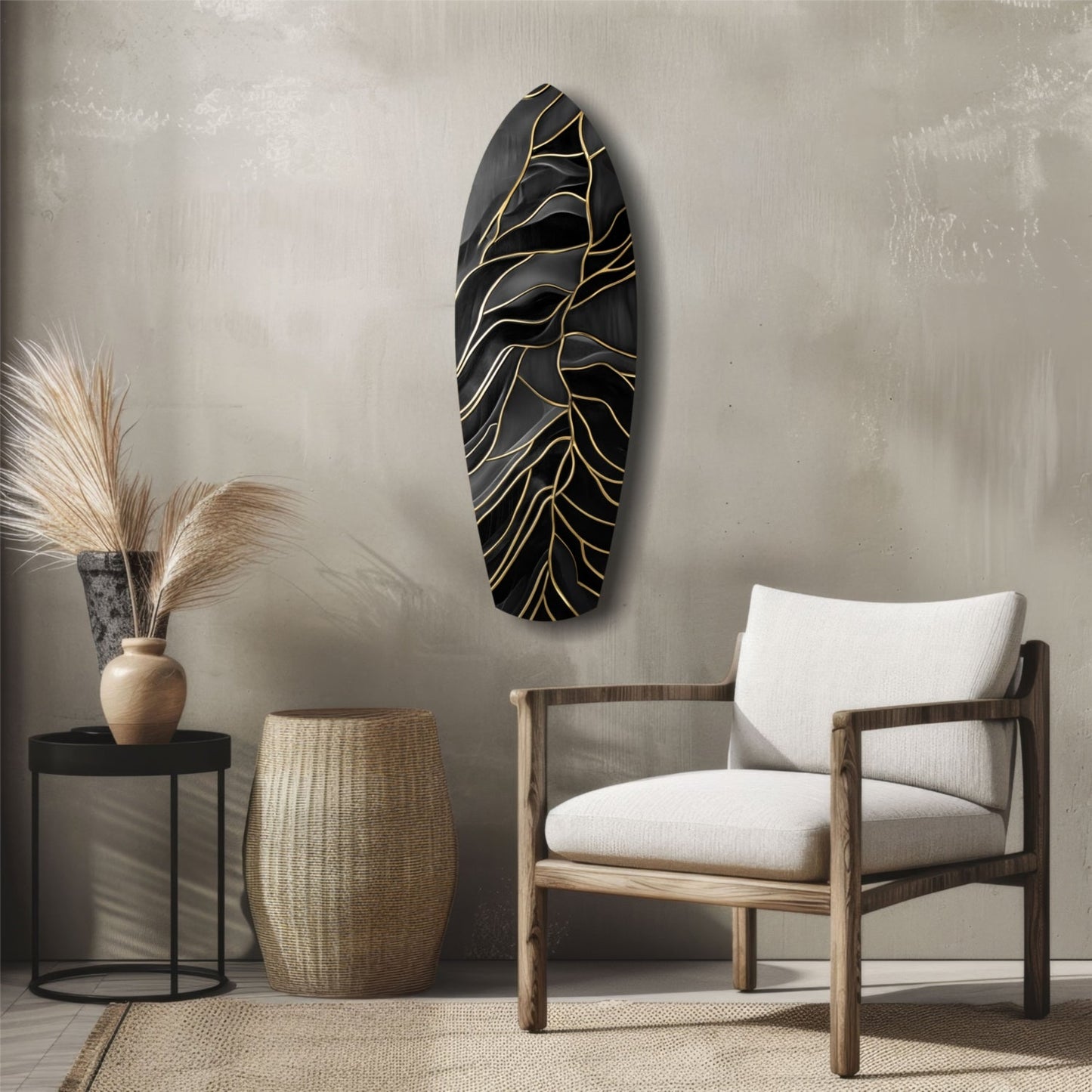 Surfboard Shaped Leaf Vein Golden Waves Glass Wall Art