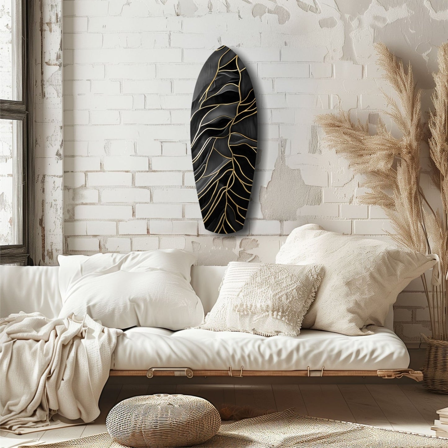 Surfboard Shaped Leaf Vein Golden Waves Glass Wall Art