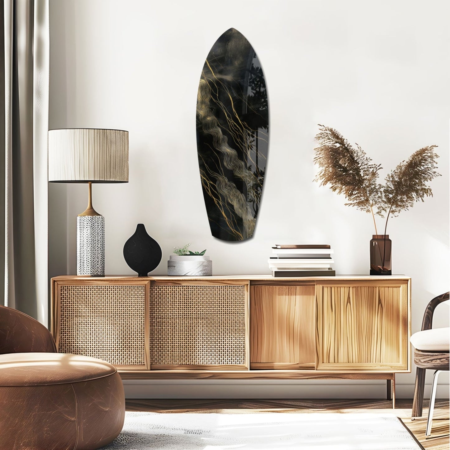 Surfboard Shaped Diagonal Streak Golden Waves Glass Wall Art