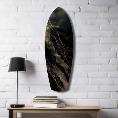 Surfboard Shaped Diagonal Streak Golden Waves Glass Wall Art