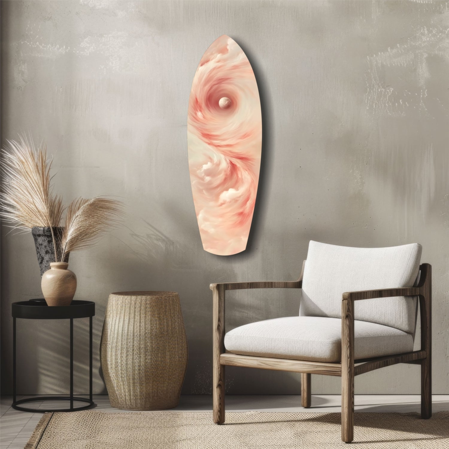 Pinky Swirl Glass Wall Art displayed above a wooden chair in a minimalist interior with neutral tones and natural décor.