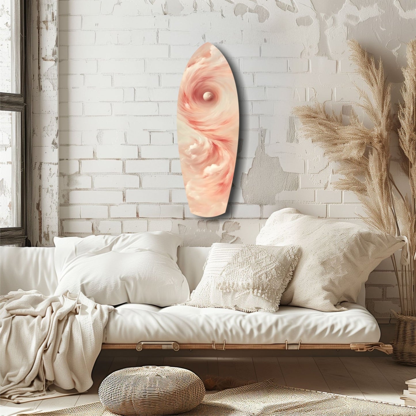 Pinky Swirl Glass Wall Art displayed on white brick wall above cream bedding with dried pampas grass décor.