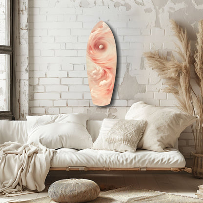 Pinky Swirl Glass Wall Art displayed on white brick wall above cream bedding with dried pampas grass décor.