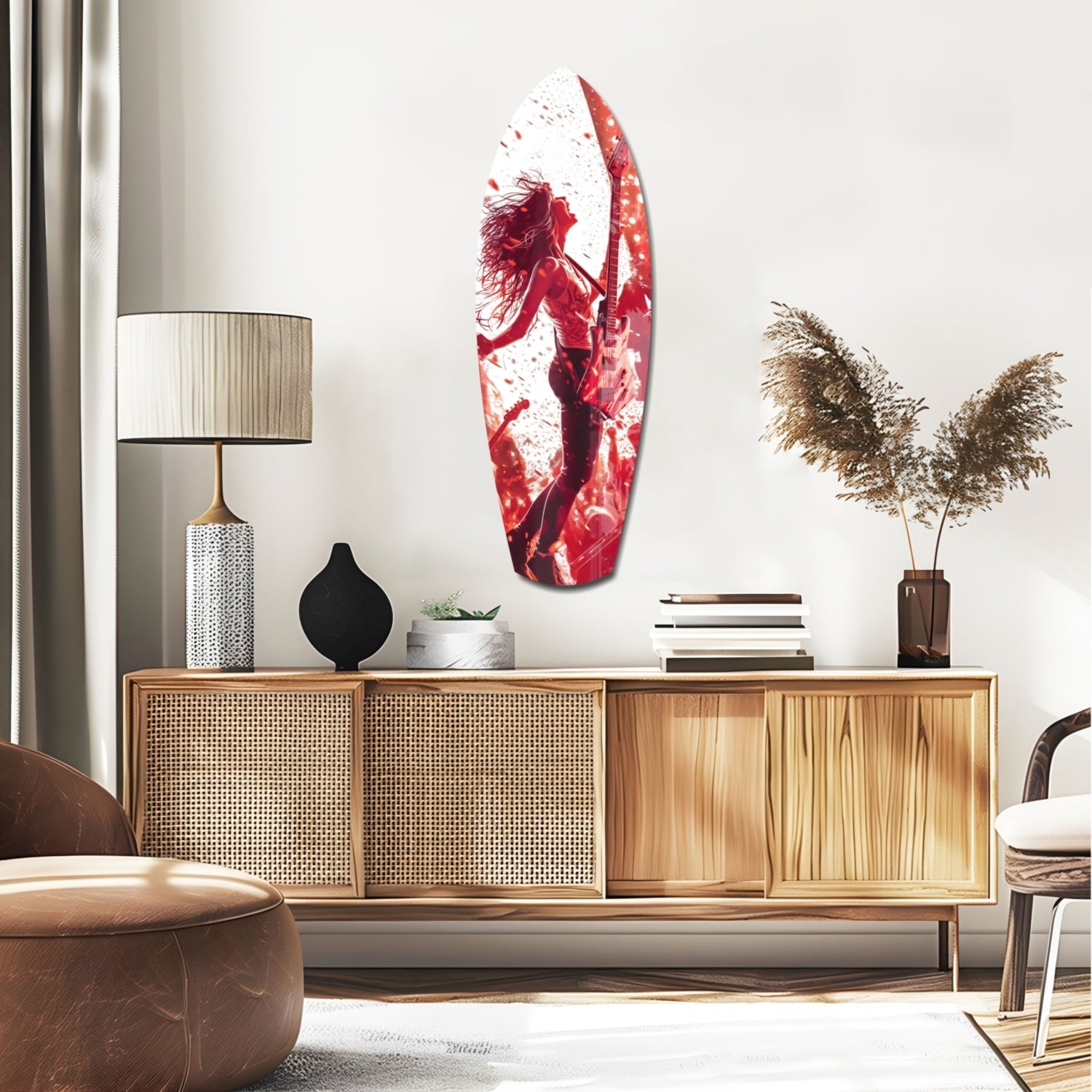 Red and white glass wall art featuring a silhouetted surfer figure, displayed above a wooden mid-century credenza in a modern living room.
