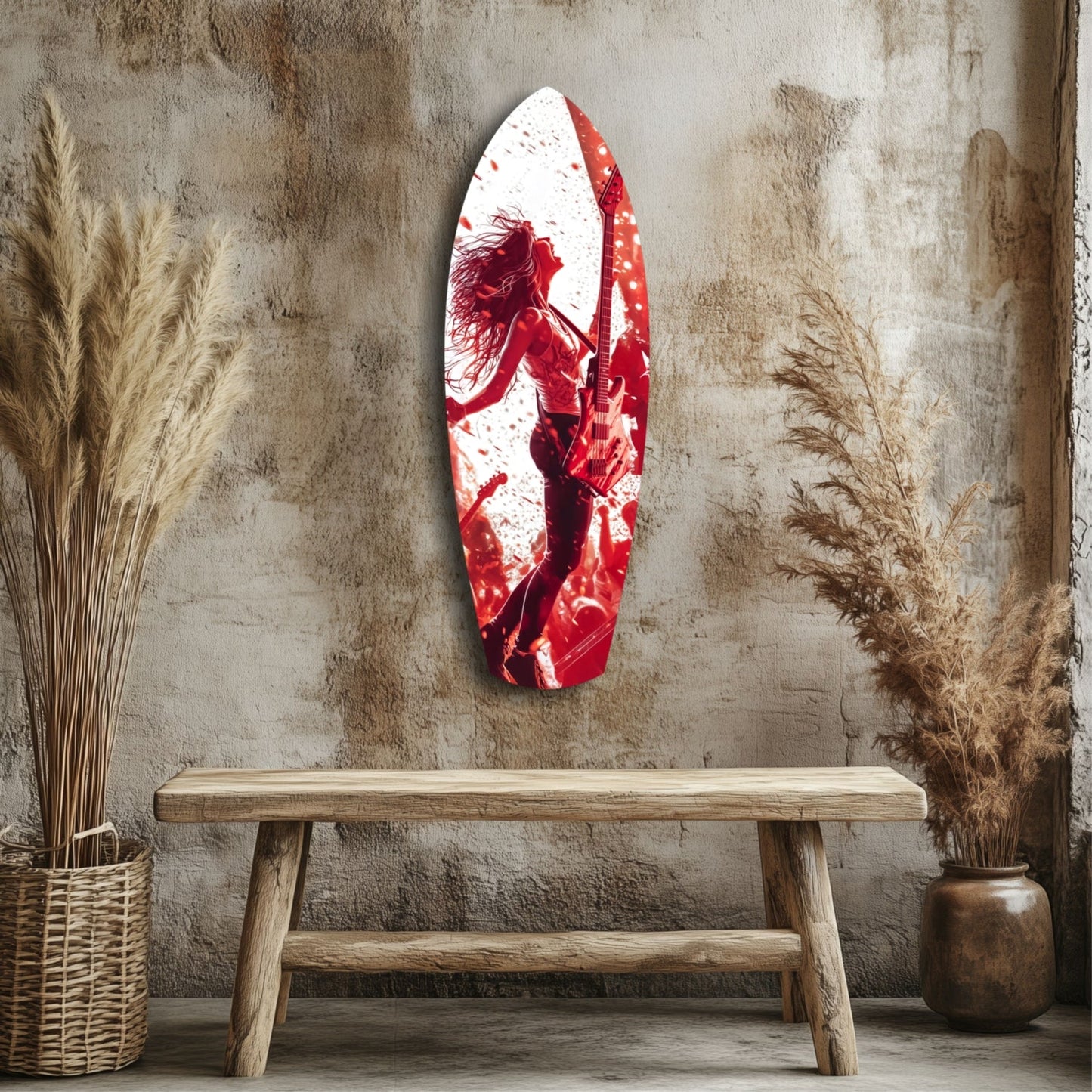 Red and white glass wall art depicting a musician with guitar, displayed above wooden bench in minimalist interior setting.
