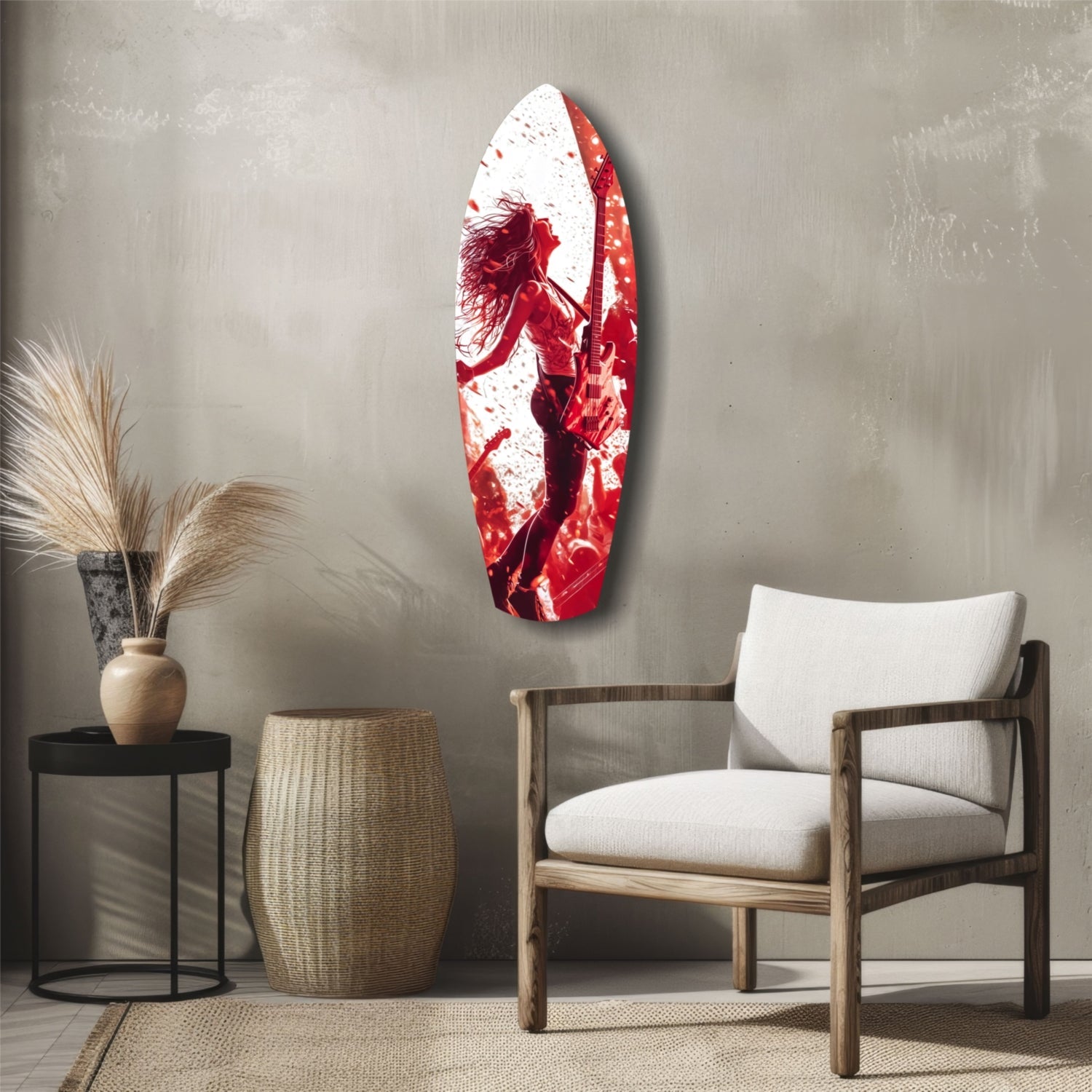 Red and white glass surfboard-shaped wall art depicting a silhouetted figure displayed above a wooden chair in a minimalist interior.