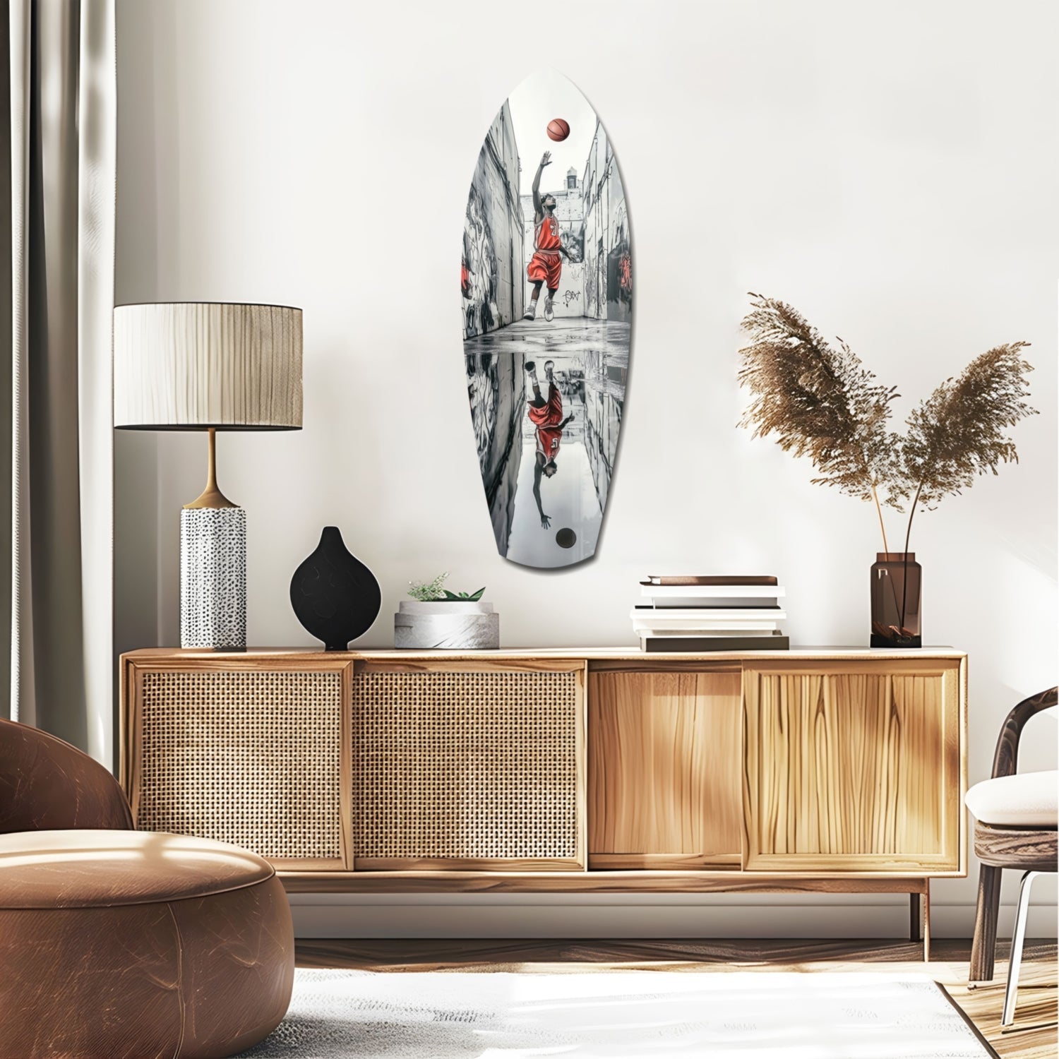Street Basketball Glass Wall Art displayed on white wall above wooden credenza in modern living room setting with decorative accessories.