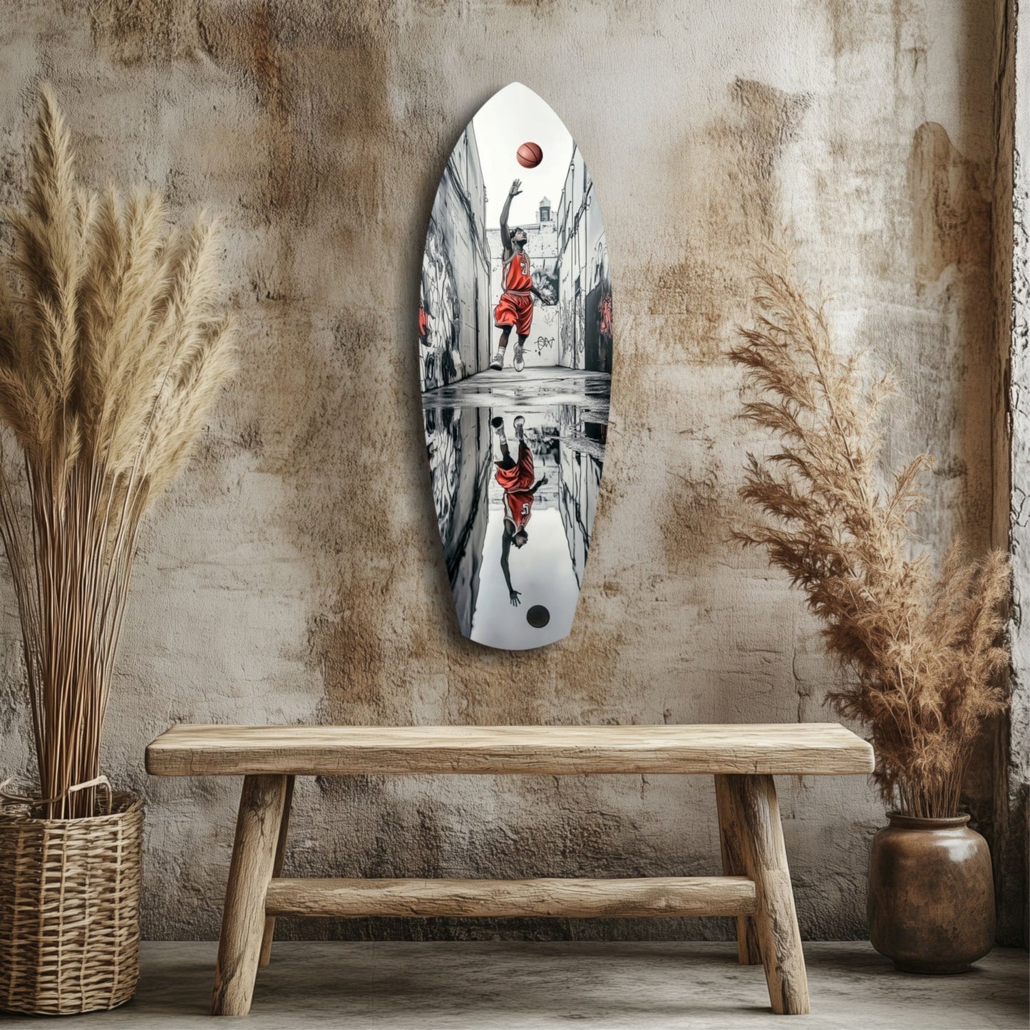 Street basketball glass wall art mounted on textured wall above wooden bench, depicting player in red jumping toward basketball in narrow urban alley.