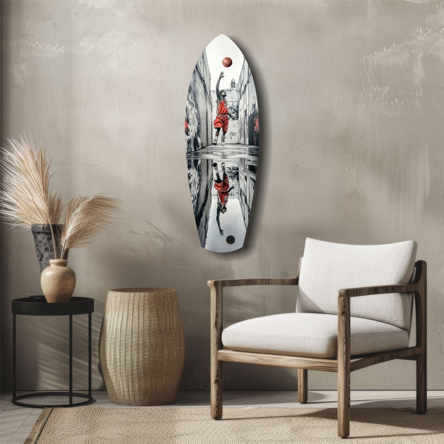 Oval glass wall art depicting basketball player in red jumping in urban alley, displayed above wooden chair in modern interior setting.