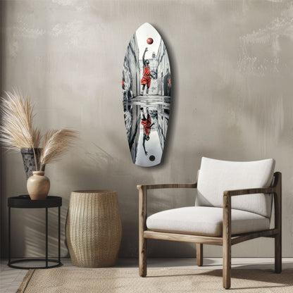 Oval glass wall art depicting basketball player in red jumping in urban alley, displayed above wooden chair in modern interior setting.