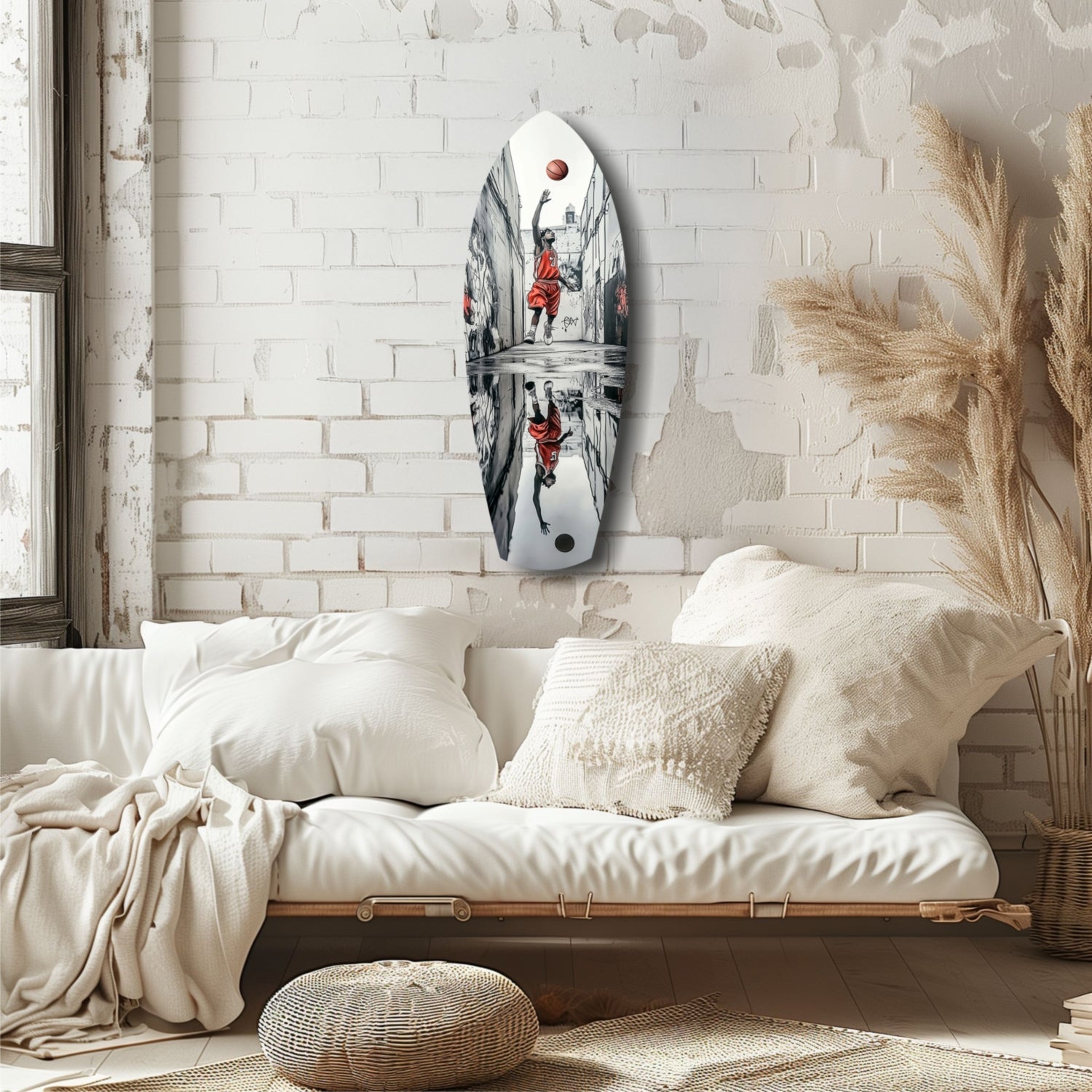 Oval glass wall art featuring grayscale street basketball player in red jersey with reflected image, mounted above white bedding in minimalist room.