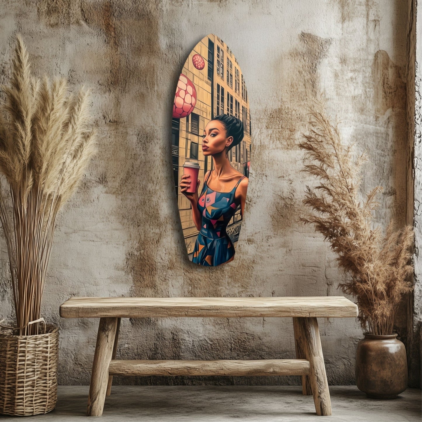 Modern glass wall art featuring a woman in blue holding a red object against a yellow building backdrop, displayed above a wooden bench.