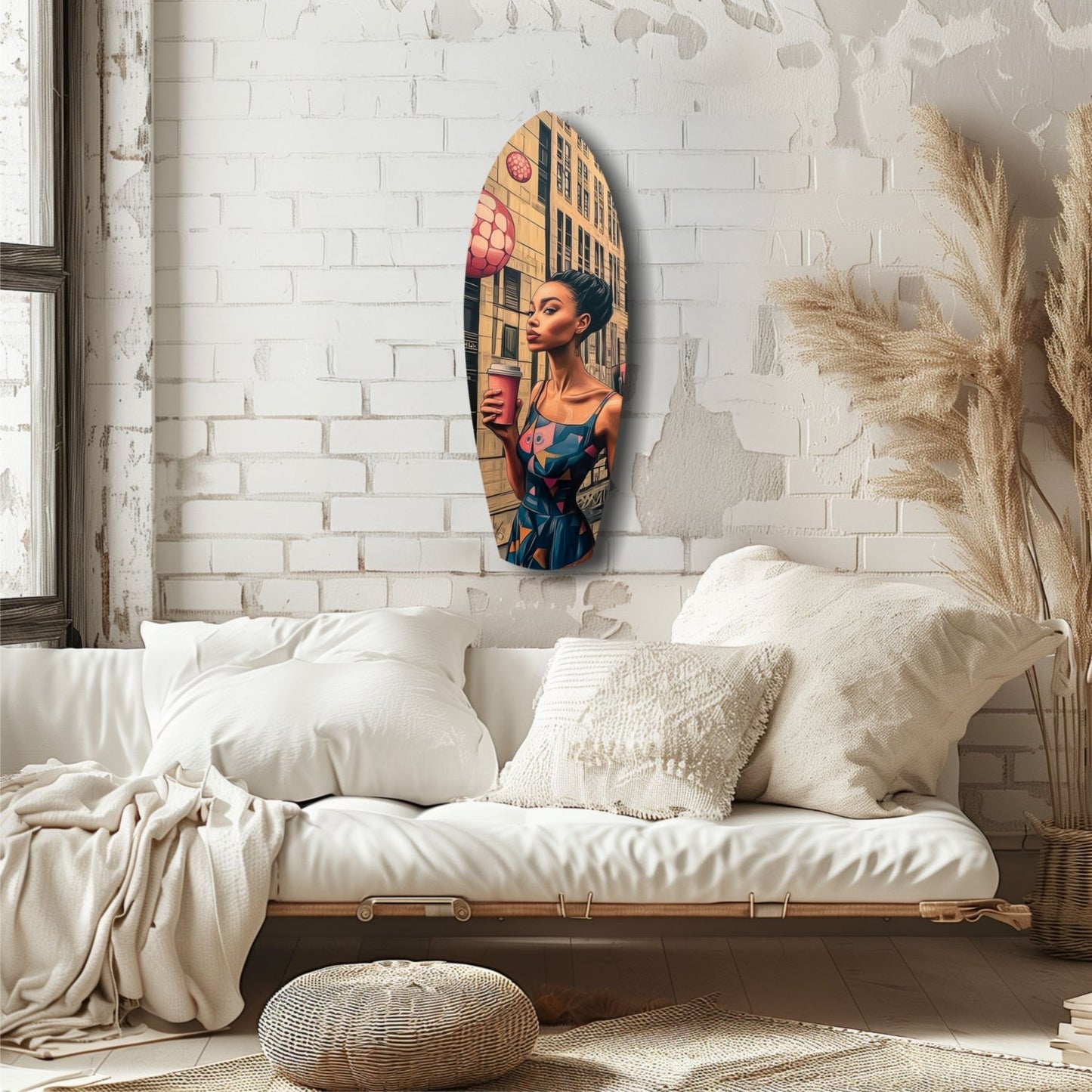 Oval glass wall art depicting a woman in colorful clothing against urban architecture, displayed above a minimalist bed with white bedding.