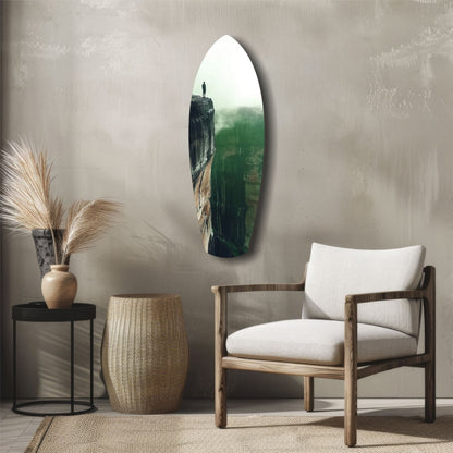 Green Mist Cliff Edge Lone Figure Glass Wall Art