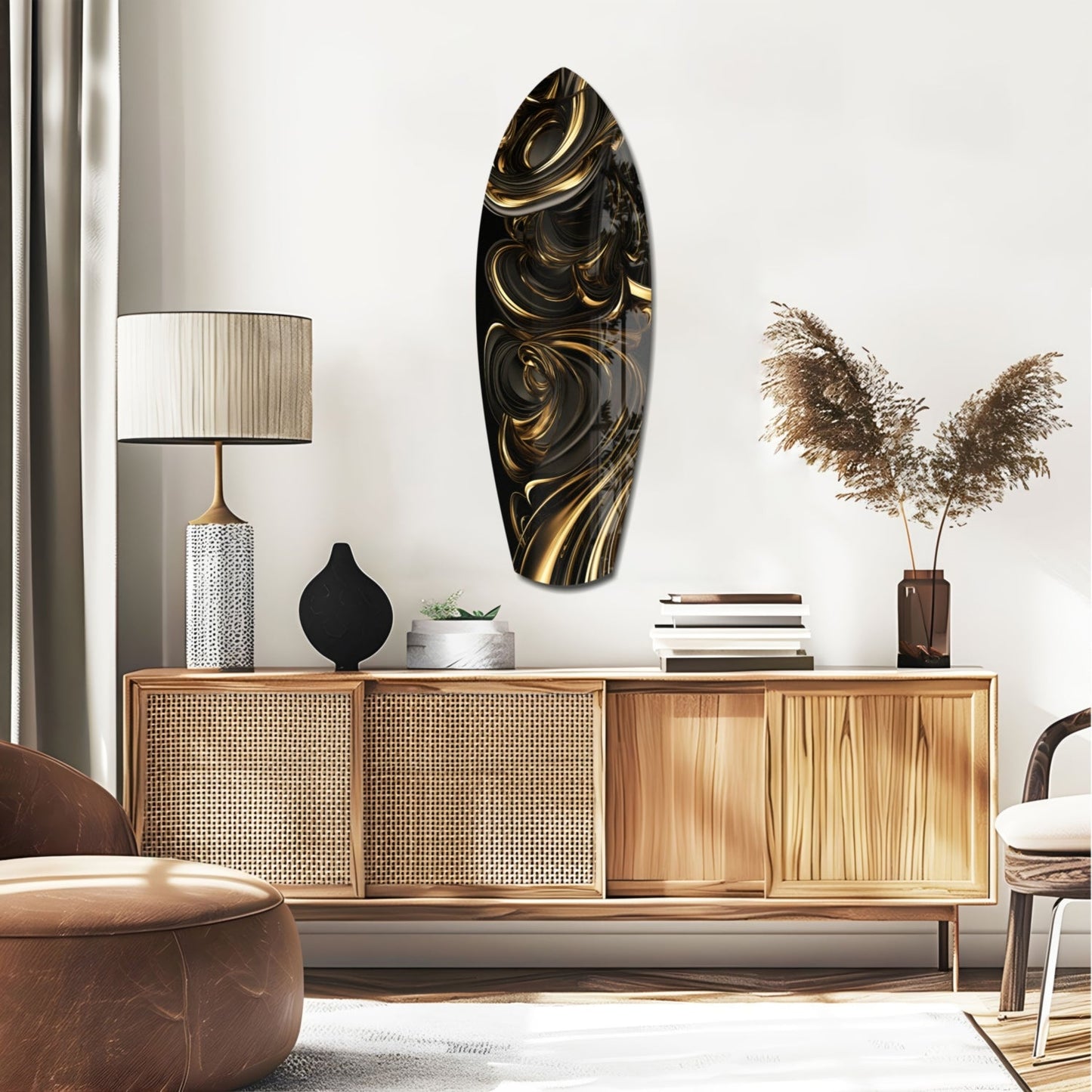 Black and gold swirled glass wall art displayed above wooden credenza in modern living room setting.