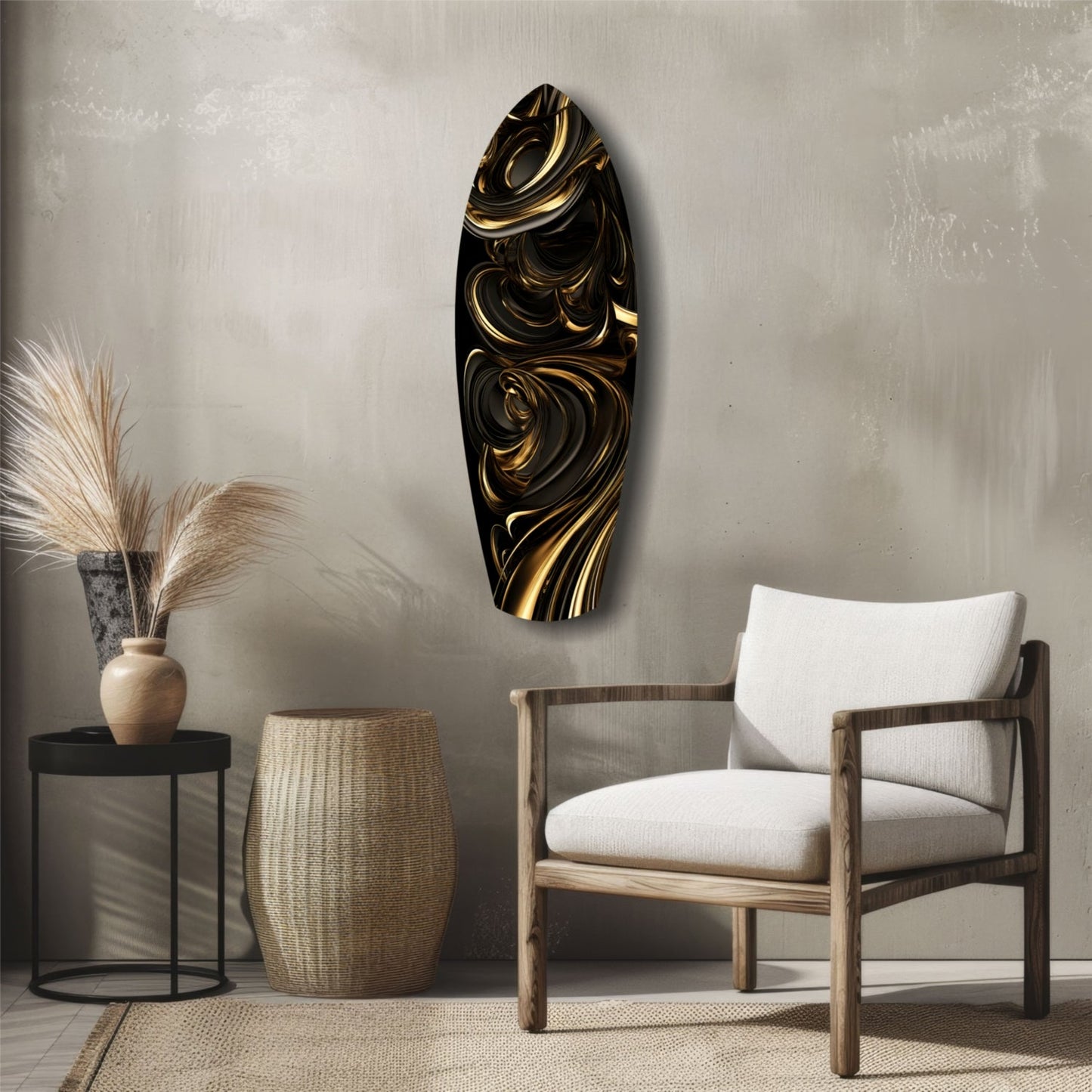 Black and gold swirled glass wall art displayed above a wooden chair in a minimalist interior setting.