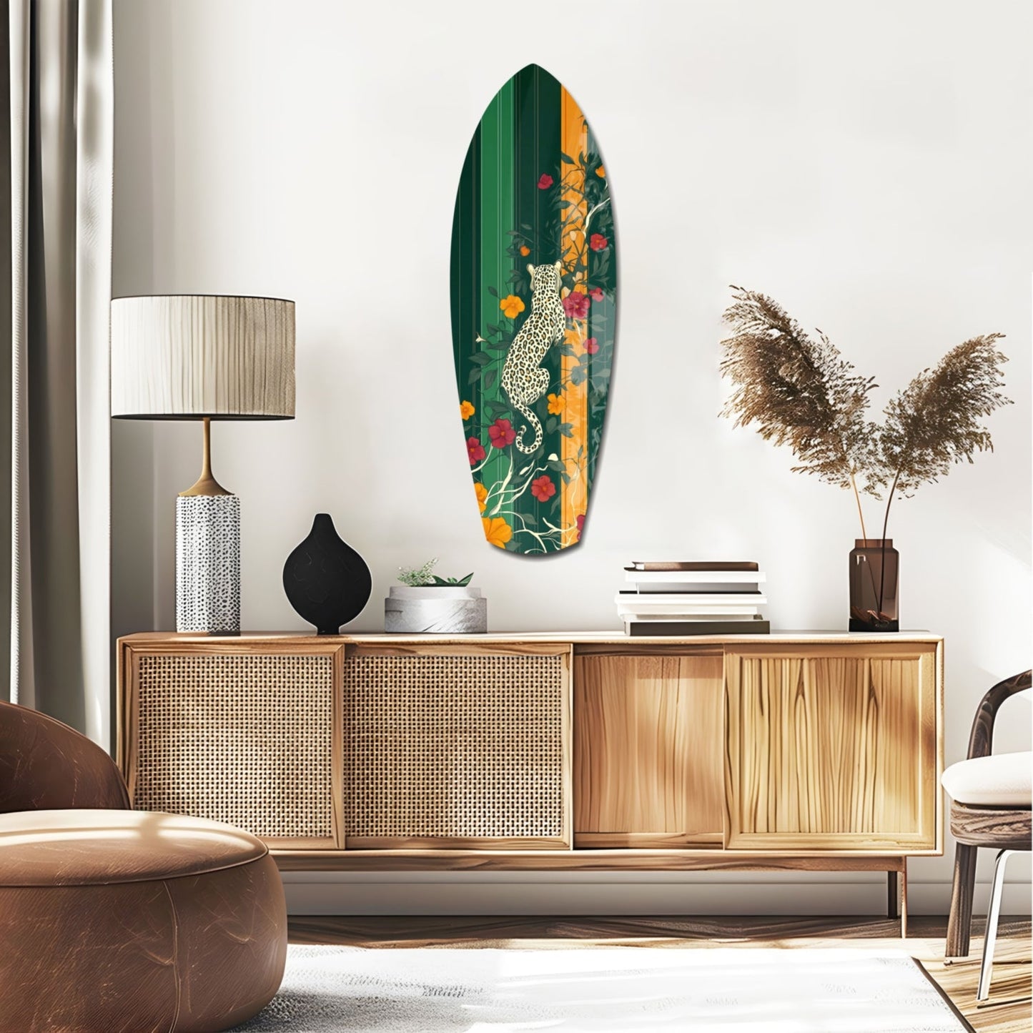 Tiger in the Jungle glass wall art displayed above a wooden credenza in a modern living room setting, showing green, gold, and floral design.