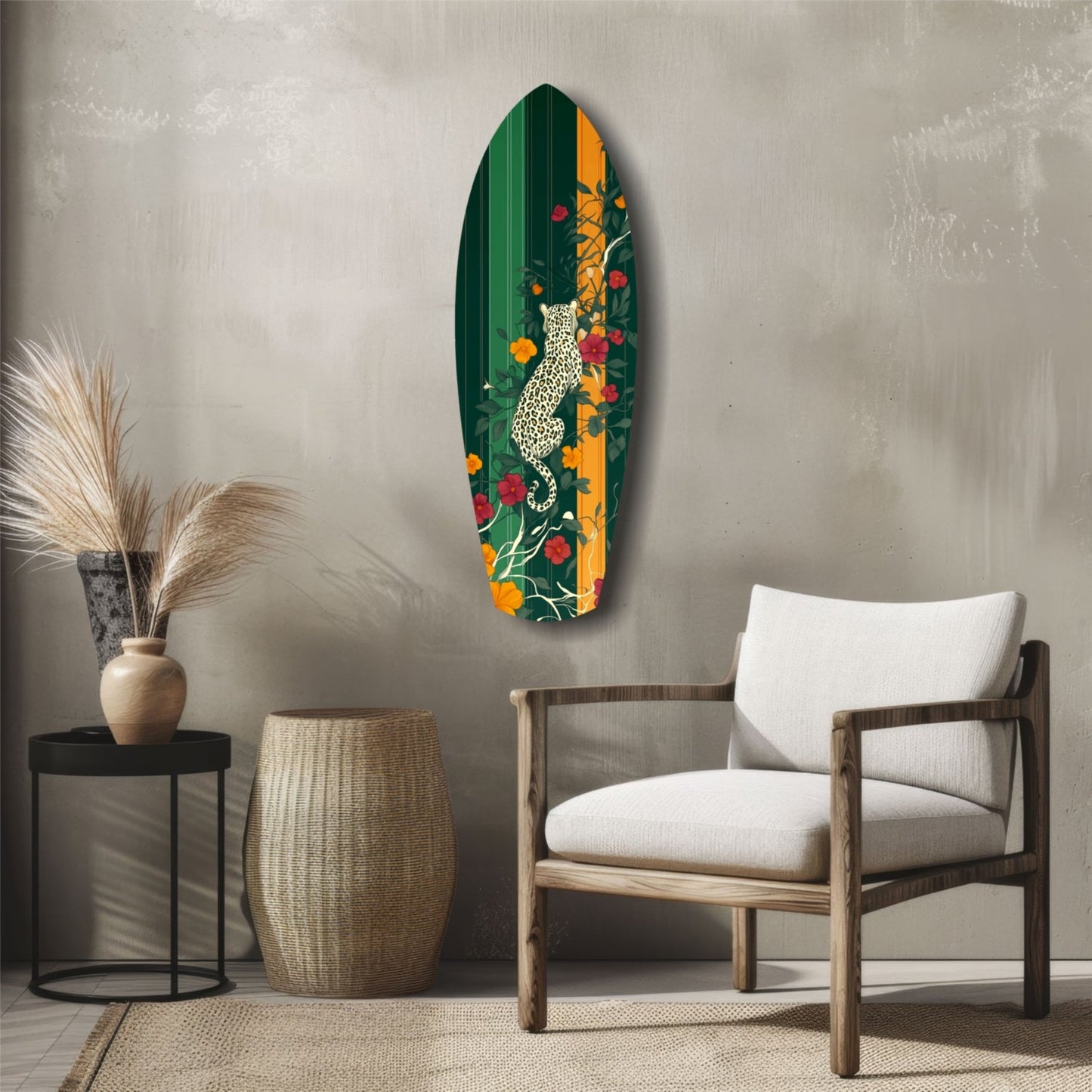 Elongated oval glass wall art featuring white leopard among red, orange, and yellow flowers on green background, displayed above wooden chair in modern interior.