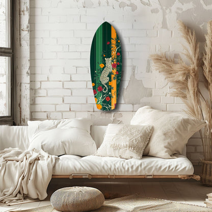 Oval glass wall art with white spotted tiger surrounded by colorful flowers on green and orange background, displayed above white bedding in minimalist bedroom.