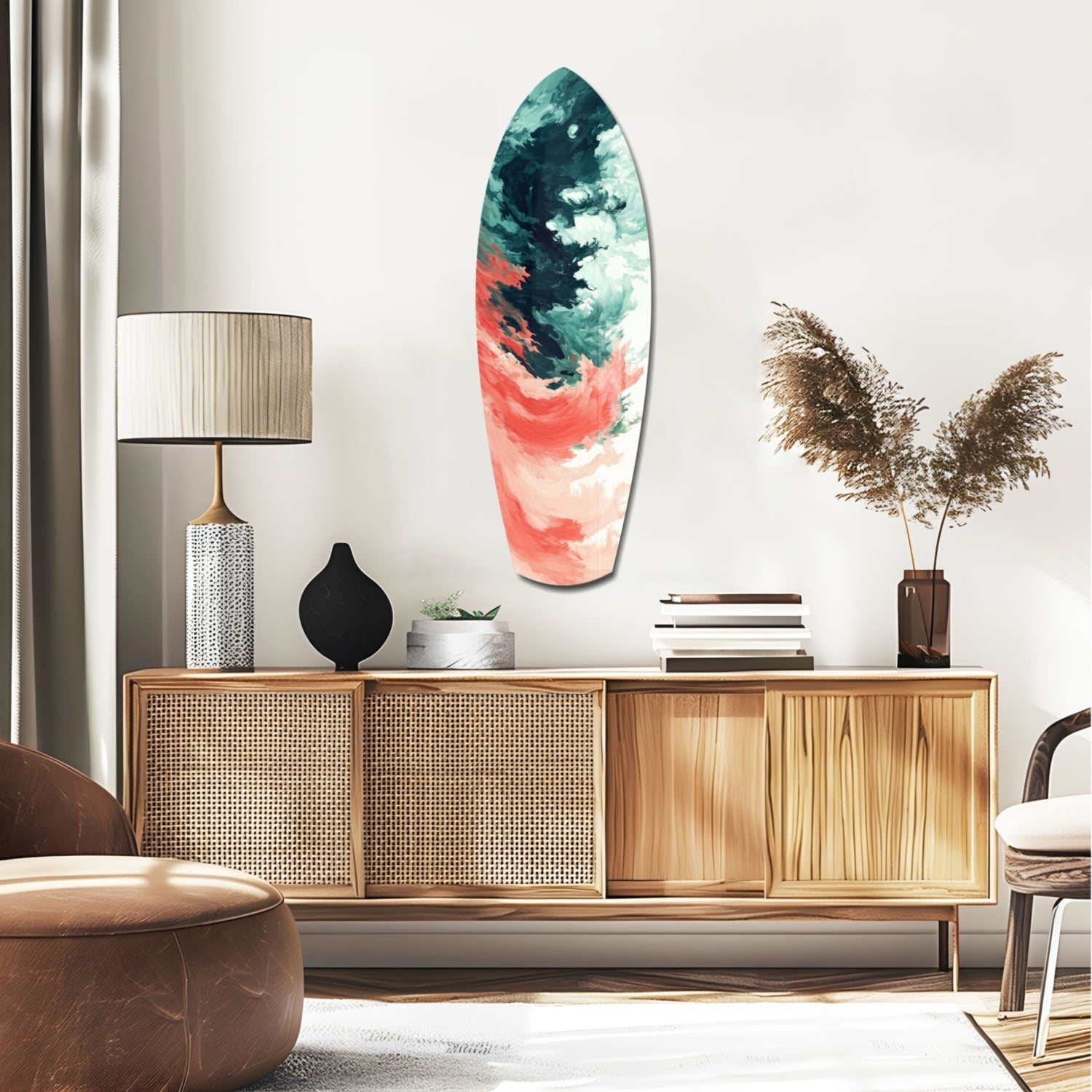 Surfboard-shaped glass wall art with teal and coral abstract paint patterns displayed above a wooden credenza in a modern living room setting.